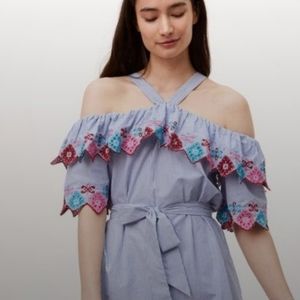 LOFT Striped Embroidered Fiesta Dress Size S